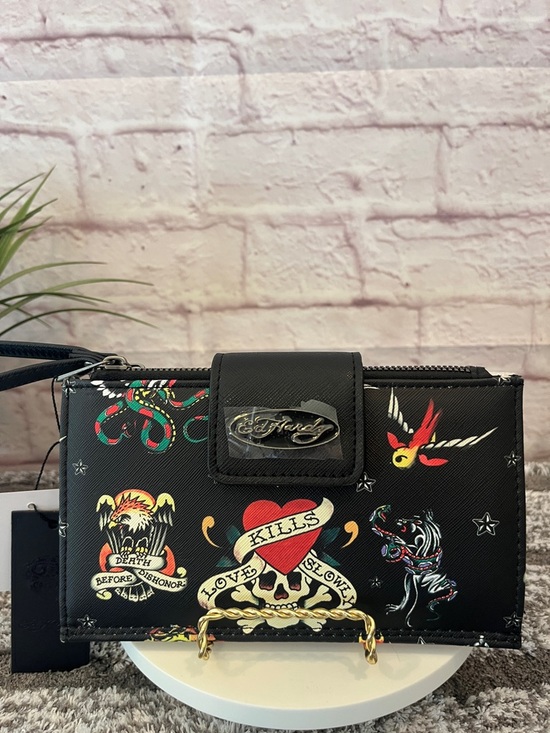 Ed Hardy Handbags - Ed Hardy Black Wristlet with Red, Yellow and Cream Tattoo Motifs